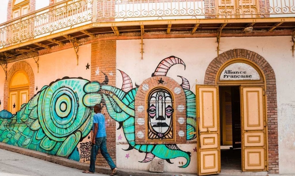 Street art on the outside of the Alliance Francaise building in Jacmel, Haiti