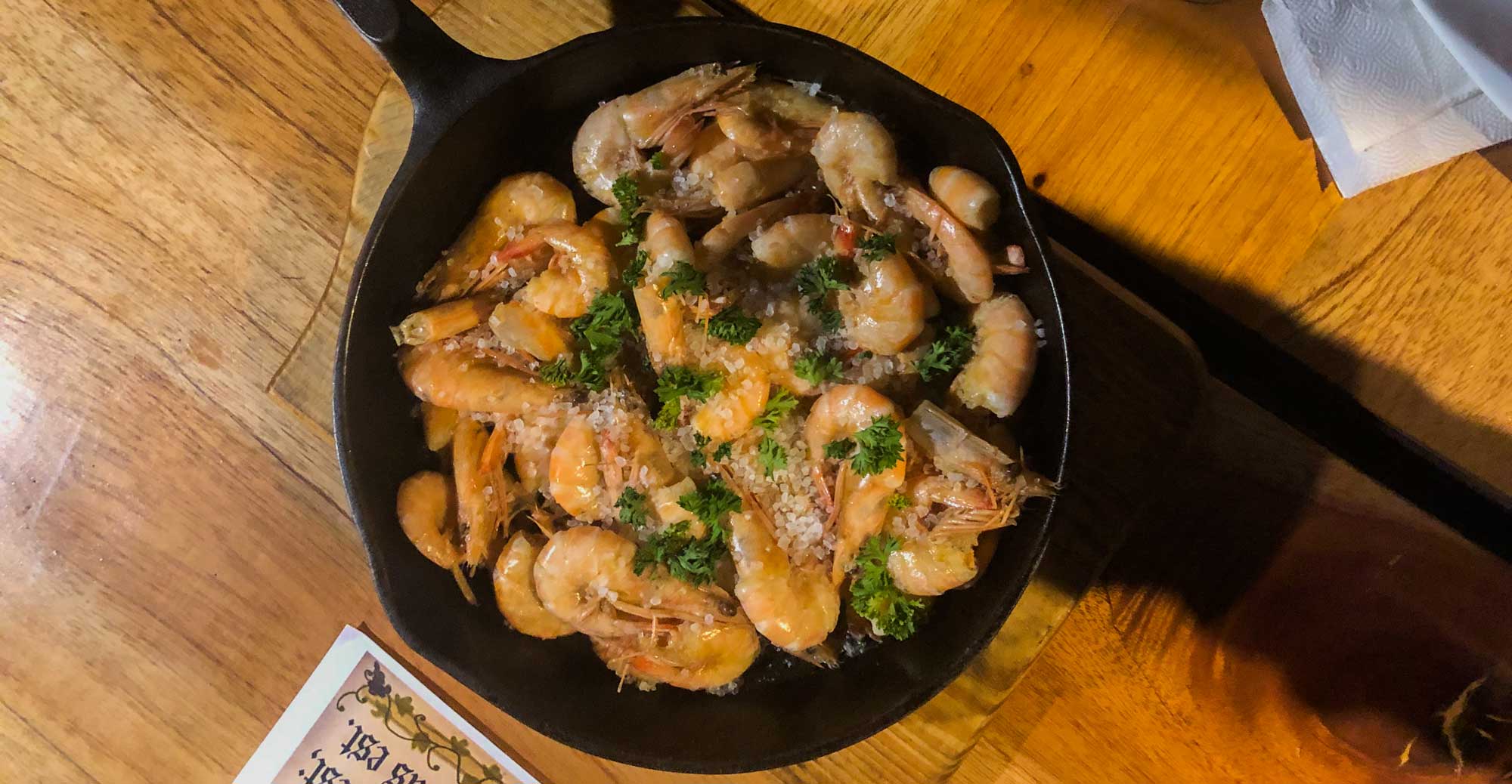 Fried shrimps in a skillet at Habitation Turpin, Petion-Ville