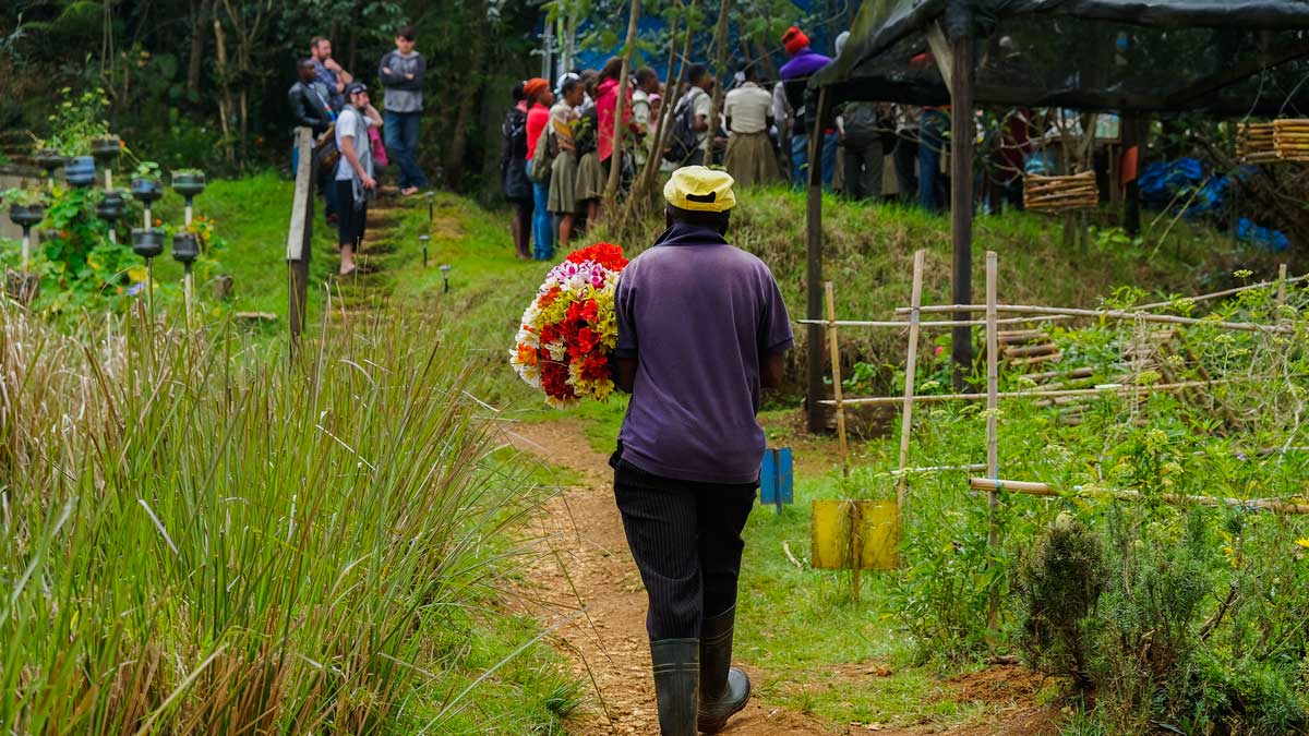 Man carries flowers along path at