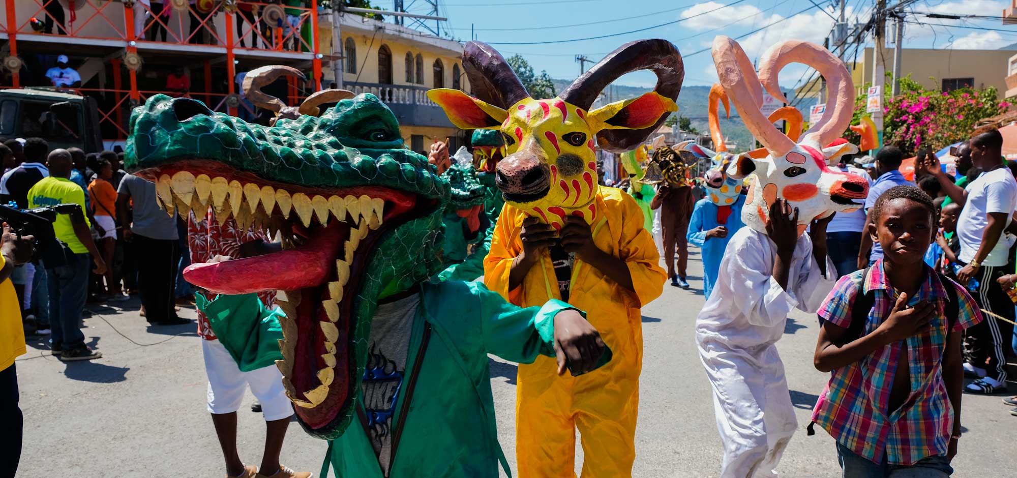 Colorful paper mâché animal masks worn by participants in the carnival at Jacmel, Haiti