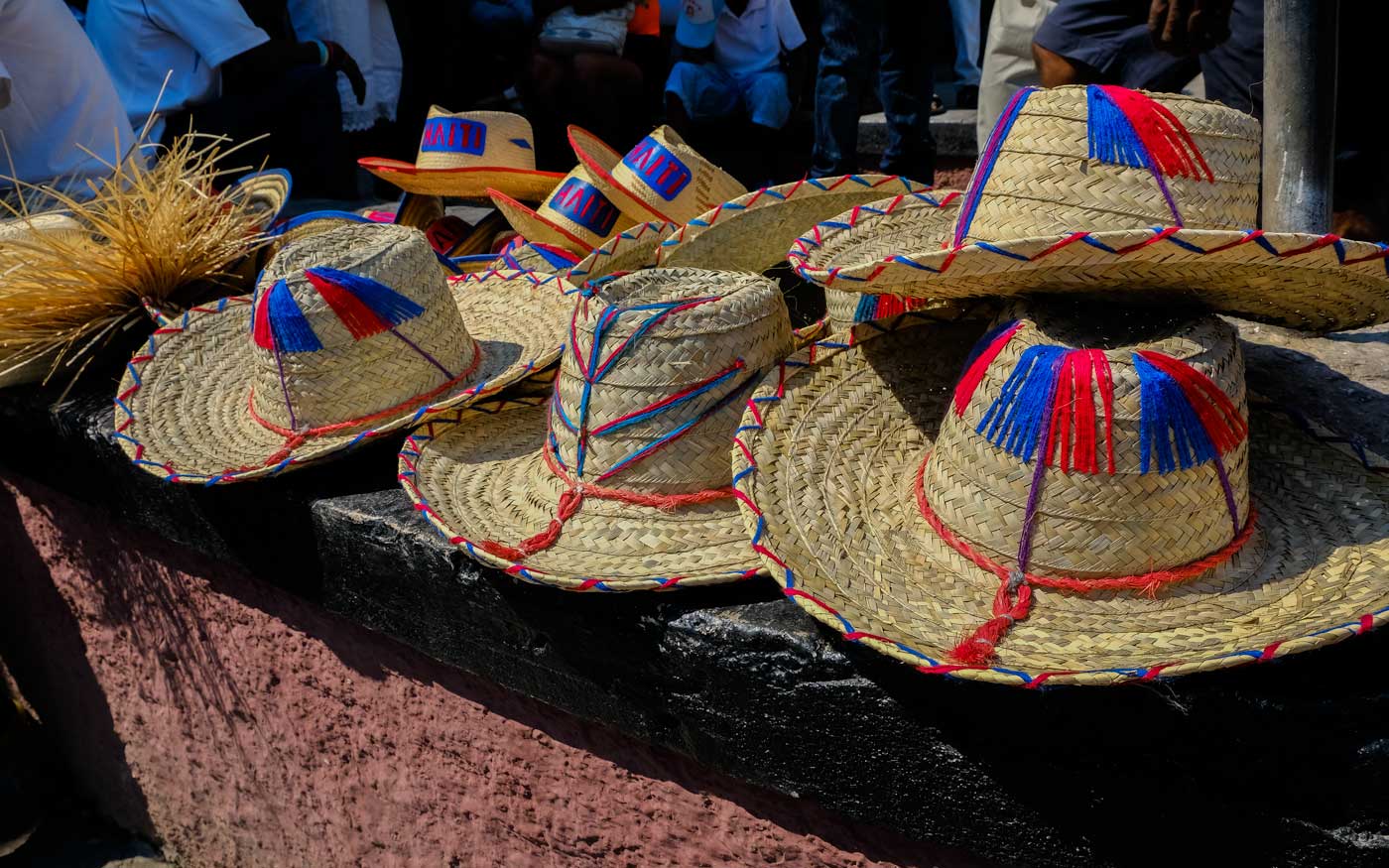 Straw hats on display at the Merch en Fer Iron Market, Port-au-Prince, Haiti