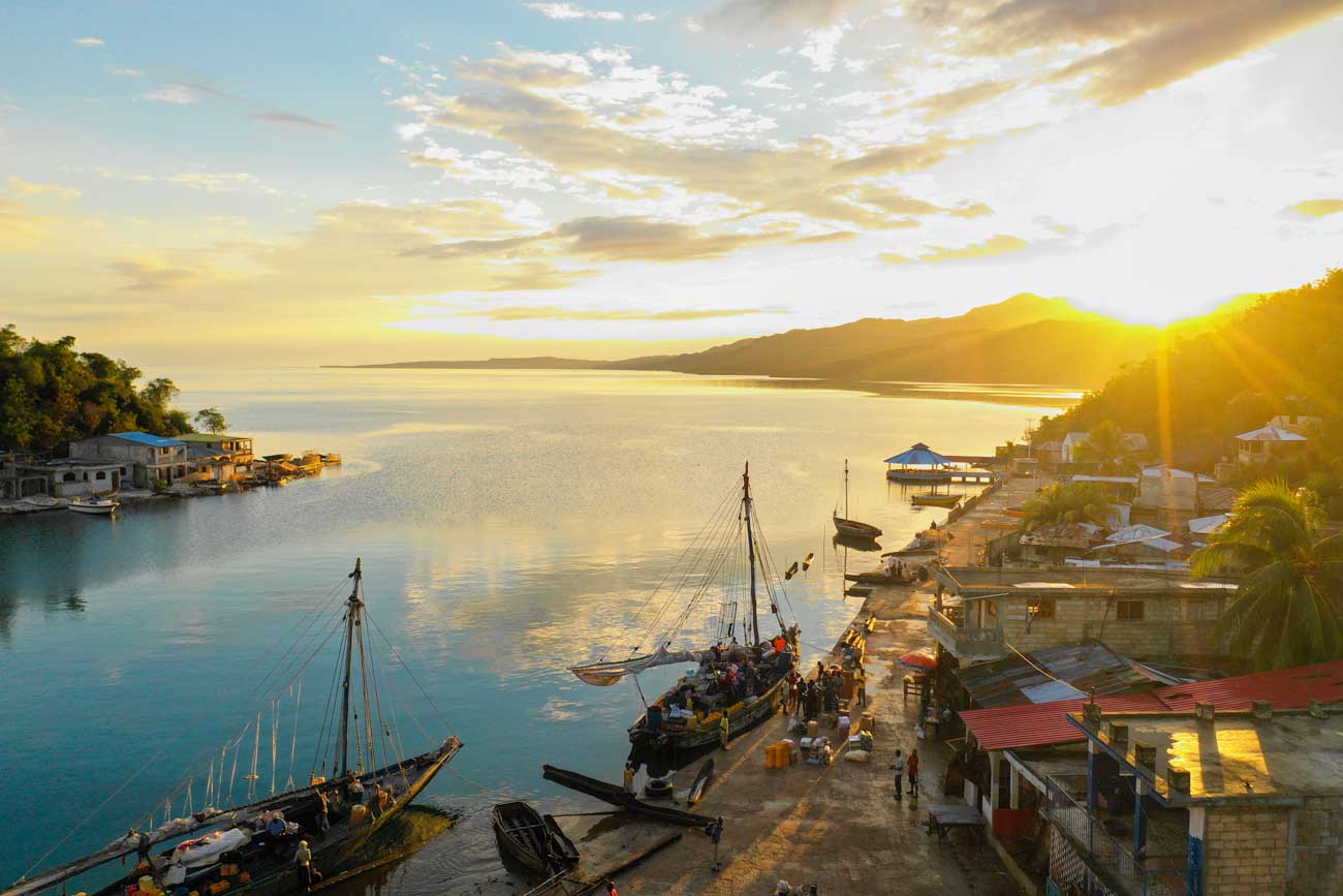 Sun rising over the seaside village of Pestel, Haiti