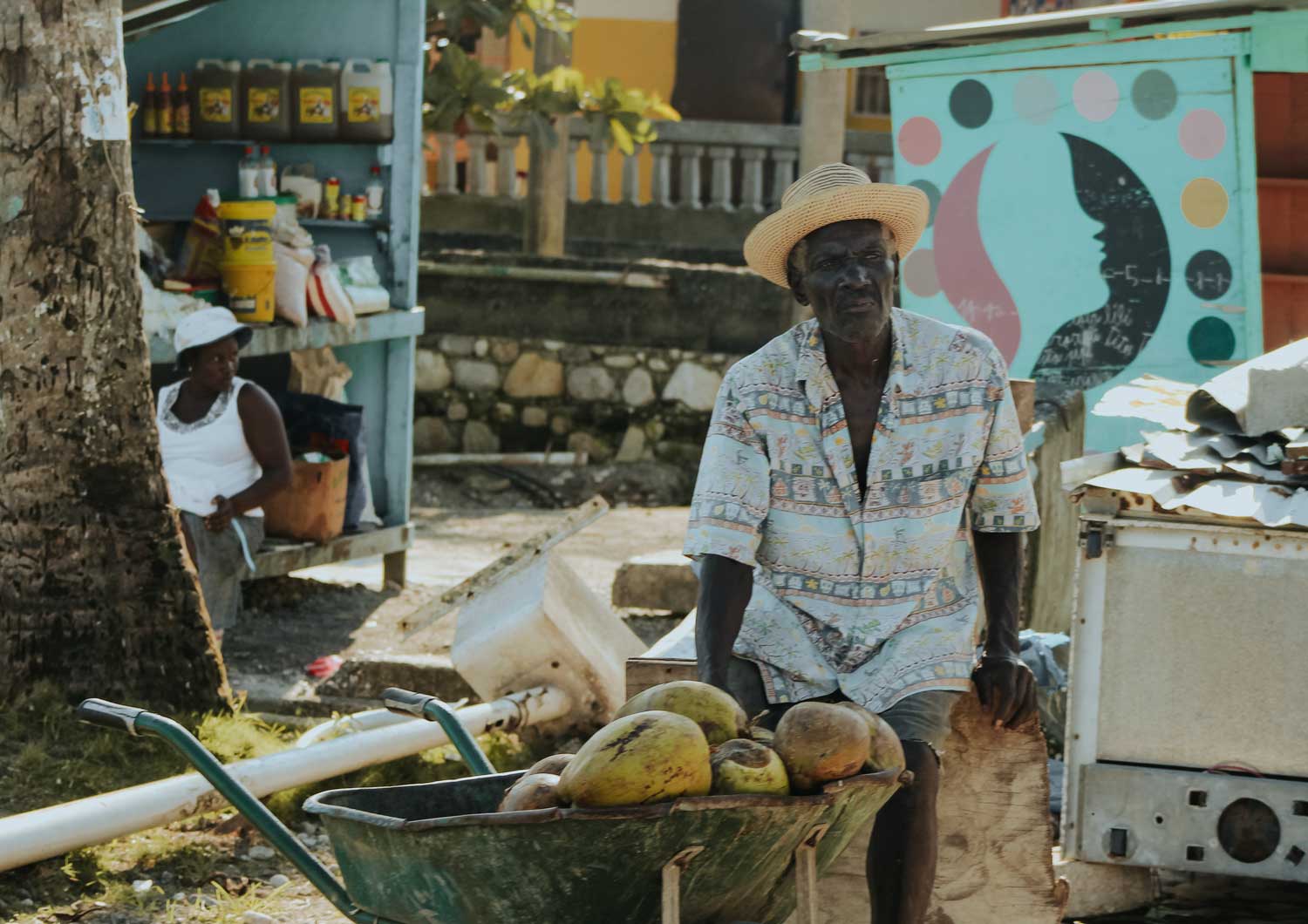 haitian man with coconuts in wheel barrow