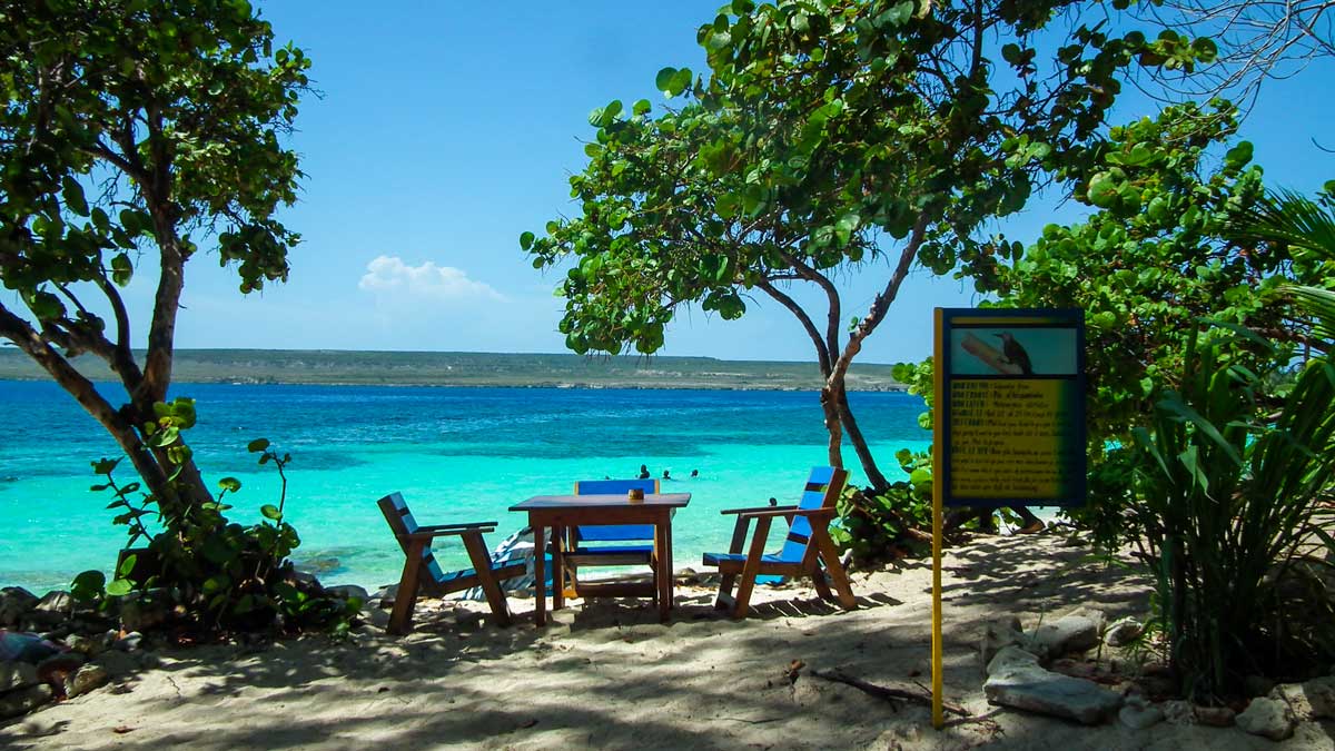 beach area with azure colored ocean and sitting area