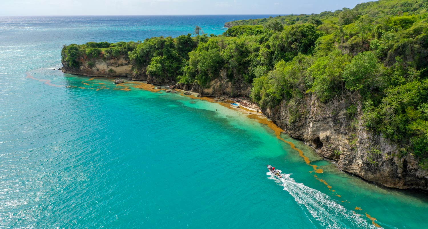 Côte haïtienne spectaculaire avec forêt tropicale et bateau rapide