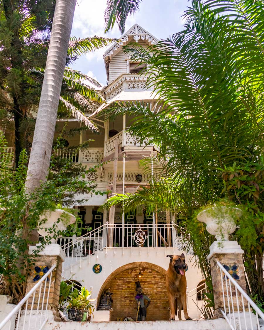 facade of gothic style gingerbread hotel with palm trees and dog